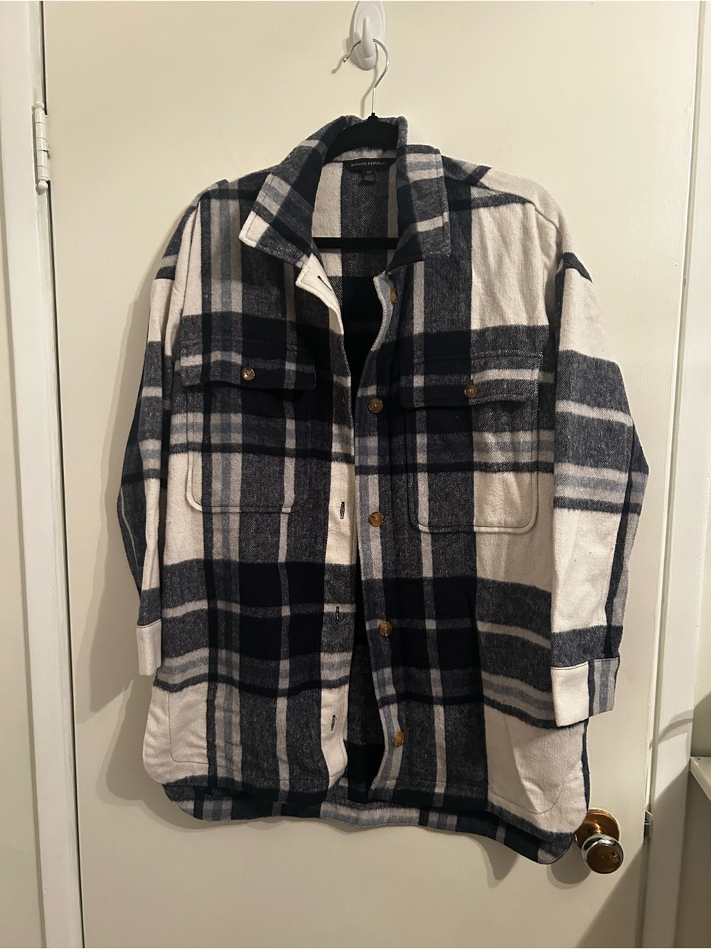 Women’s Oversized Plaid Button-Up Jacket Coat - Navy & Cream